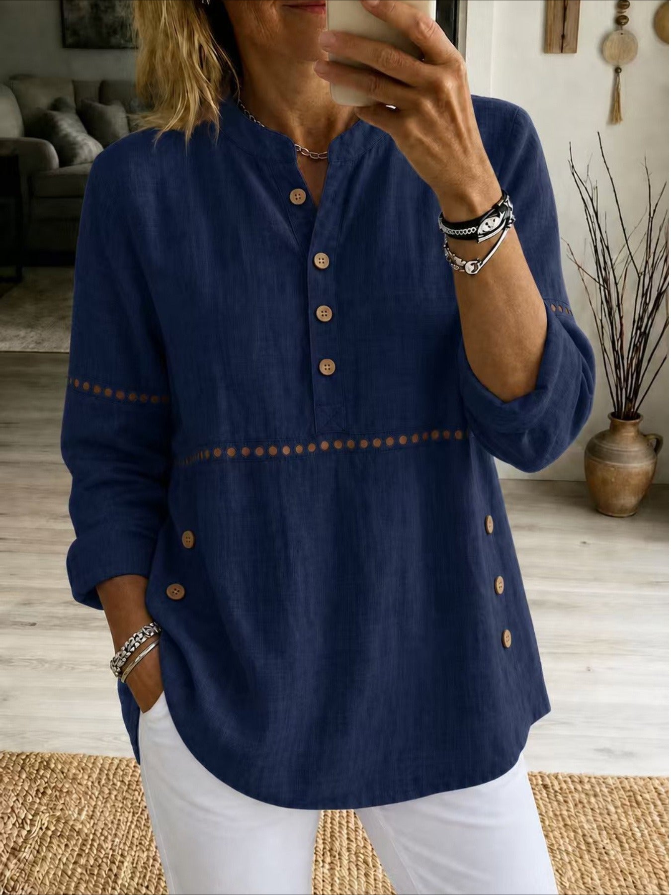 Solid Color Stand Collar Long Sleeve Half-Placket Side Button Cutout Detail Loose Fit Top