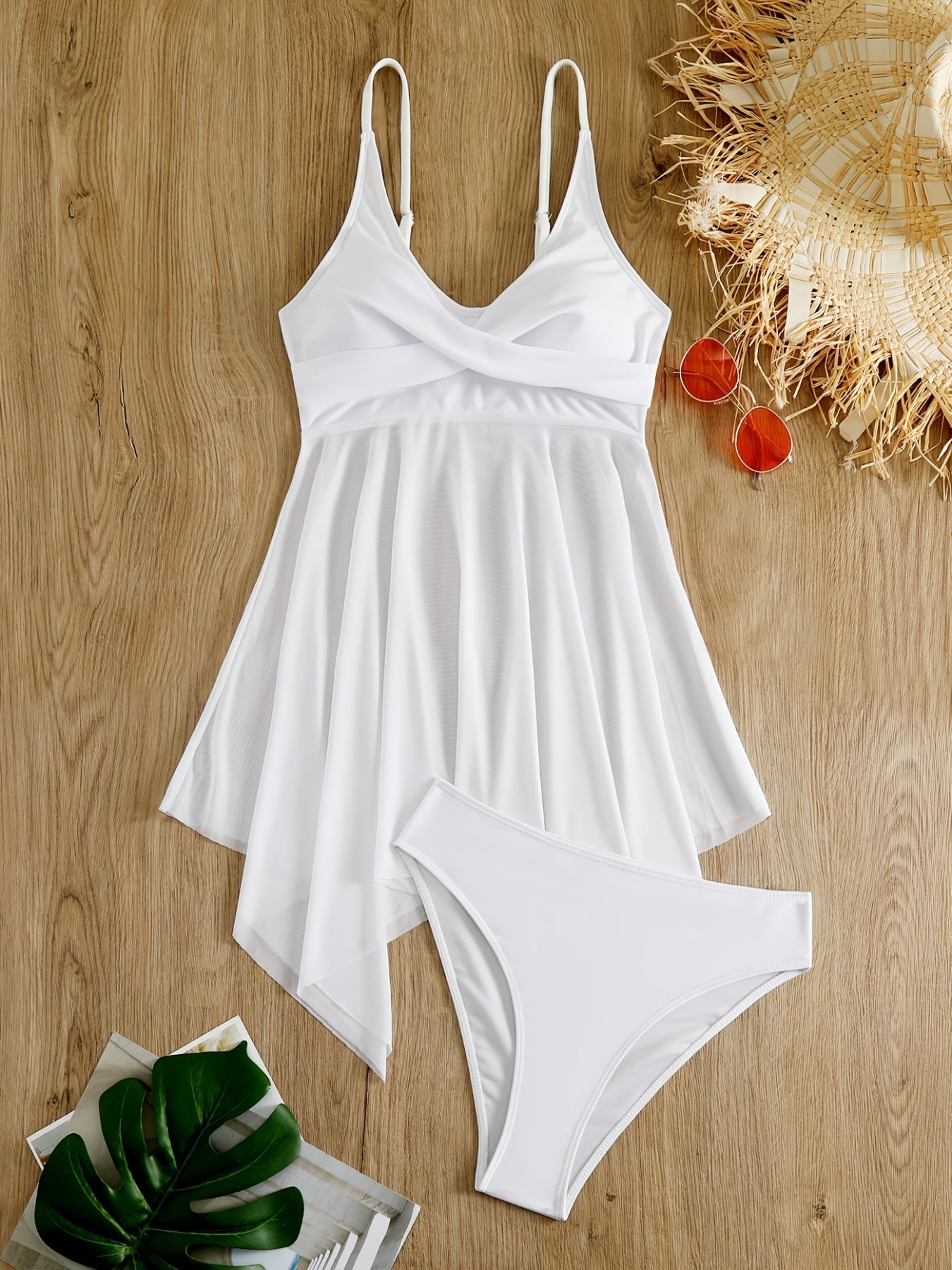 Plain Mesh Contrast Criss Cross Skirted 2 Piece Set Bikini, Scoop Neck Spaghetti Strap Twist Solid Color Swimsuit For Beach Pool Bathing