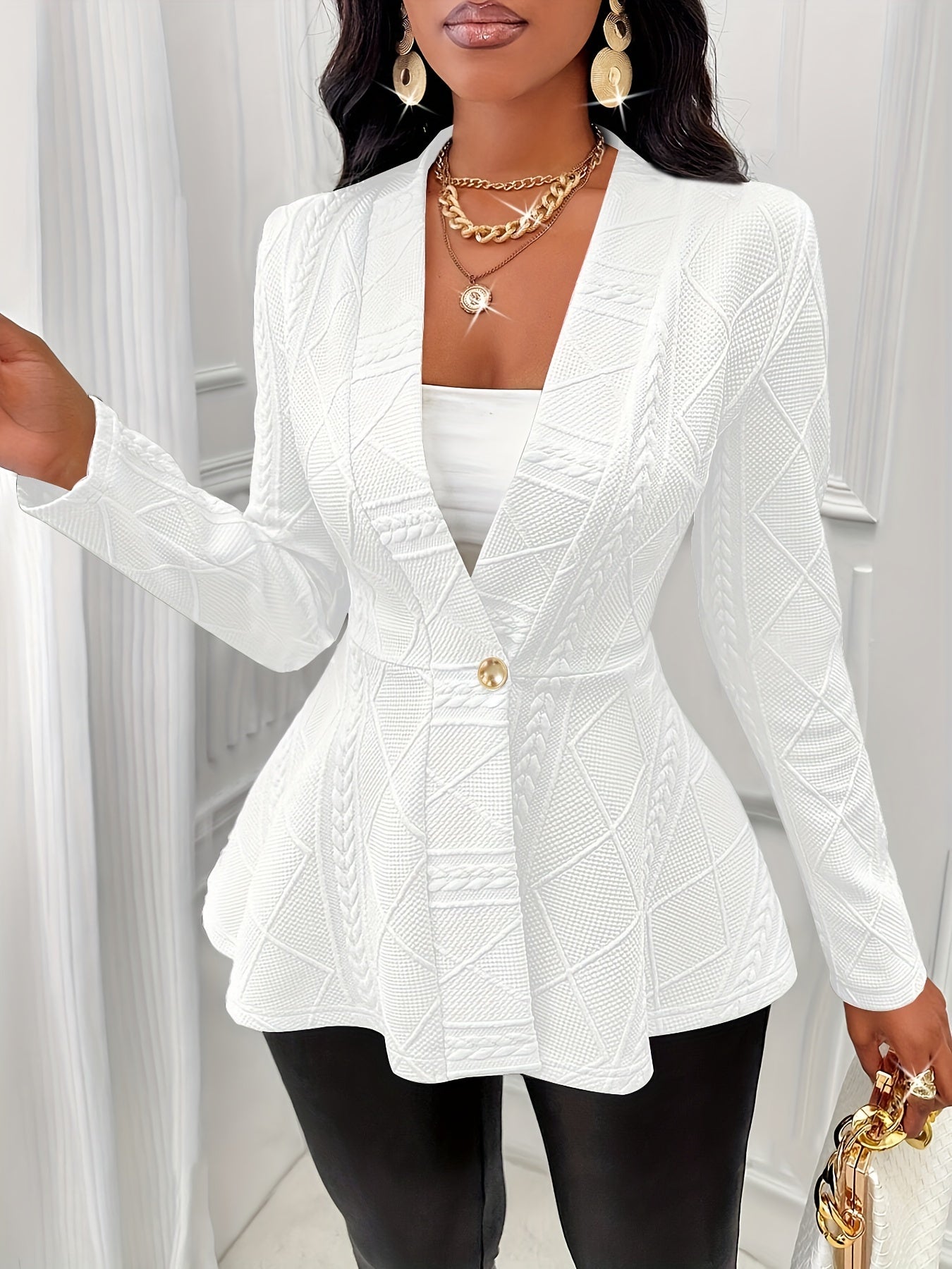 Chic Single-Button Blazer - Tailored Fit with Ruffle Hem Detail, Elegant Long Sleeve