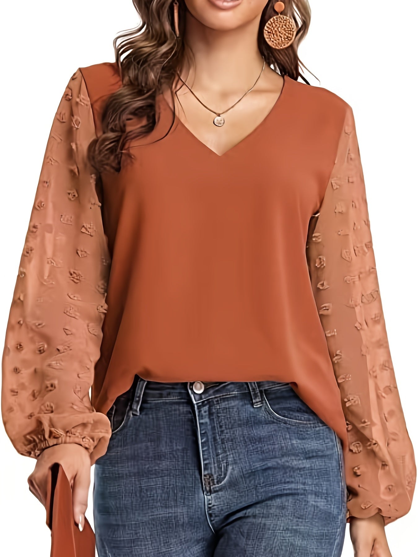 Swiss Dot Sleeve Shirt, Casual V Neck Solid Shirt