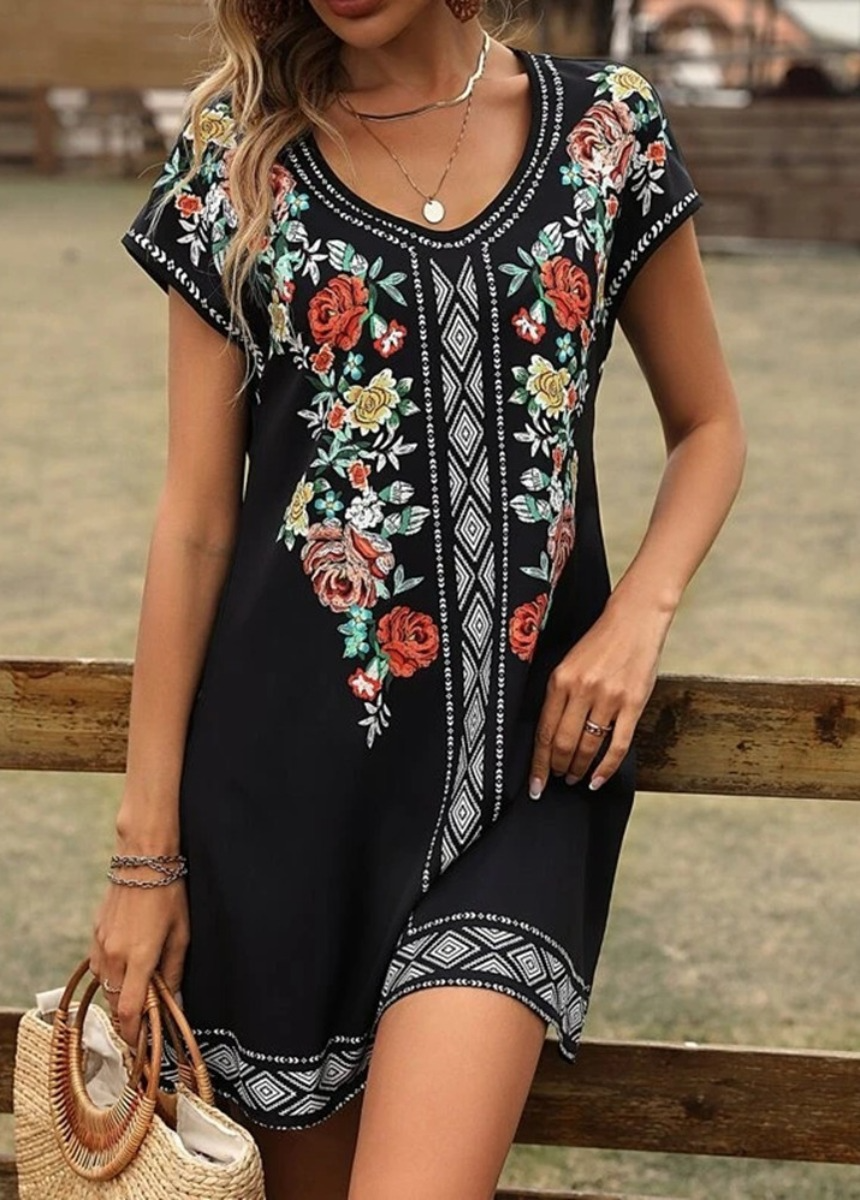 Short Sleeve Print Flora Retro Loose O Neck Mini Dress