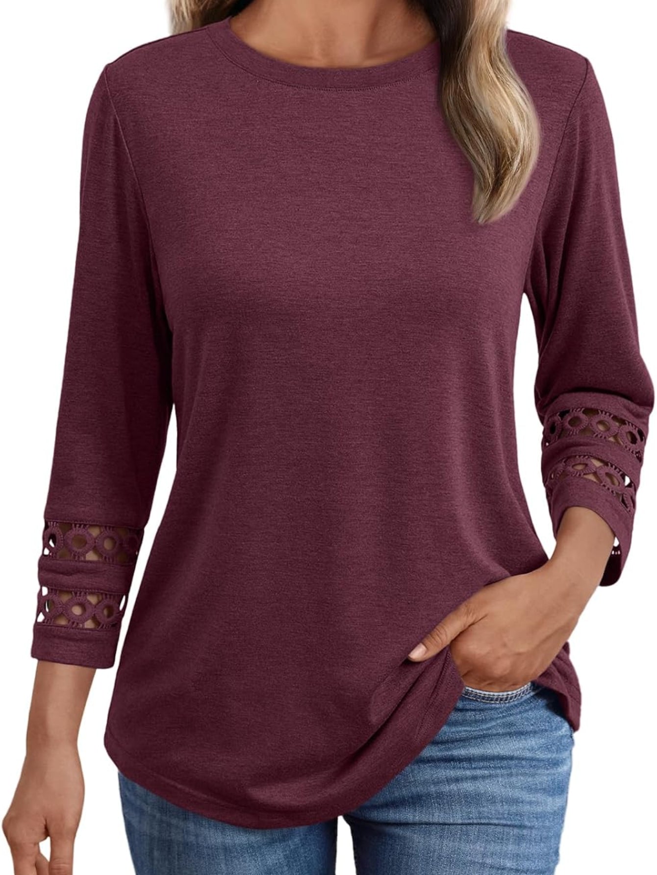 3/4 Length Sleeve Crewneck Lace Tunic Tops