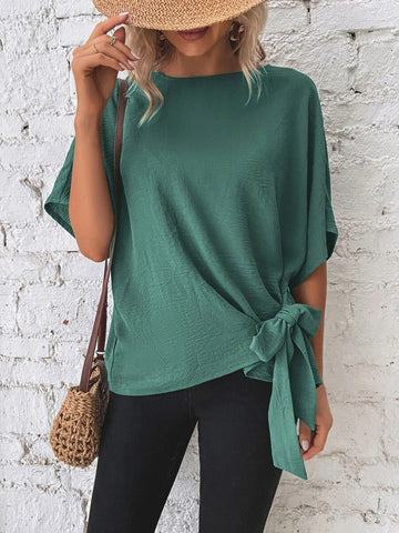 Stylish Solid Knotted Blouse - Comfortable Casual Crew Neck Asymmetrical Top
