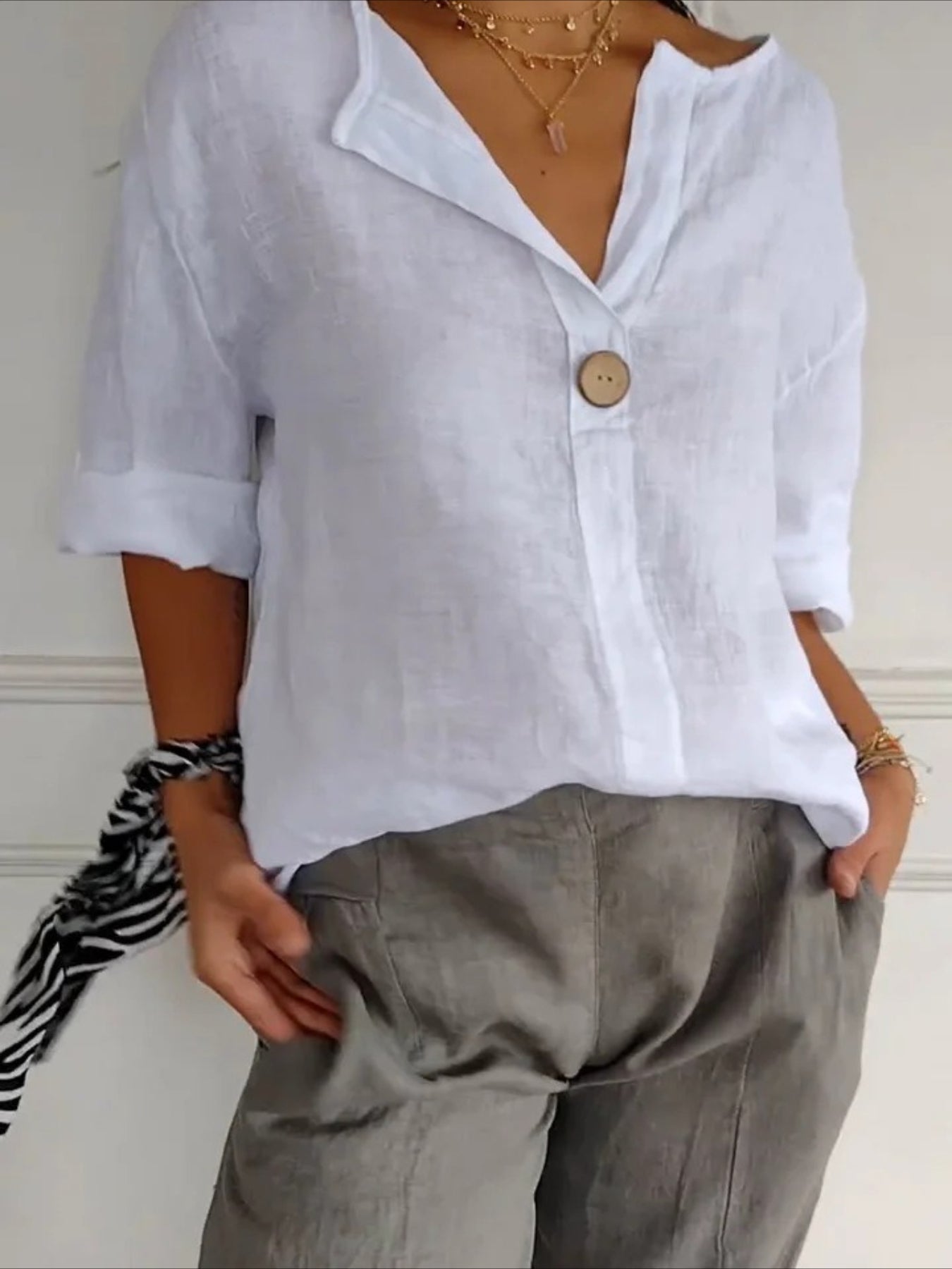 Cotton Linen Loose V Neck Casual Blouse