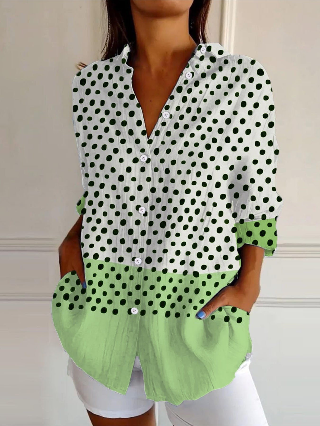 Lapel Multi Color Block Long Sleeve Regular Micro Stretch Loose Blouse