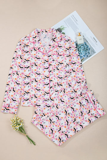 Pink Halloween Eve Haunted Honey Bat Print Pajama Set