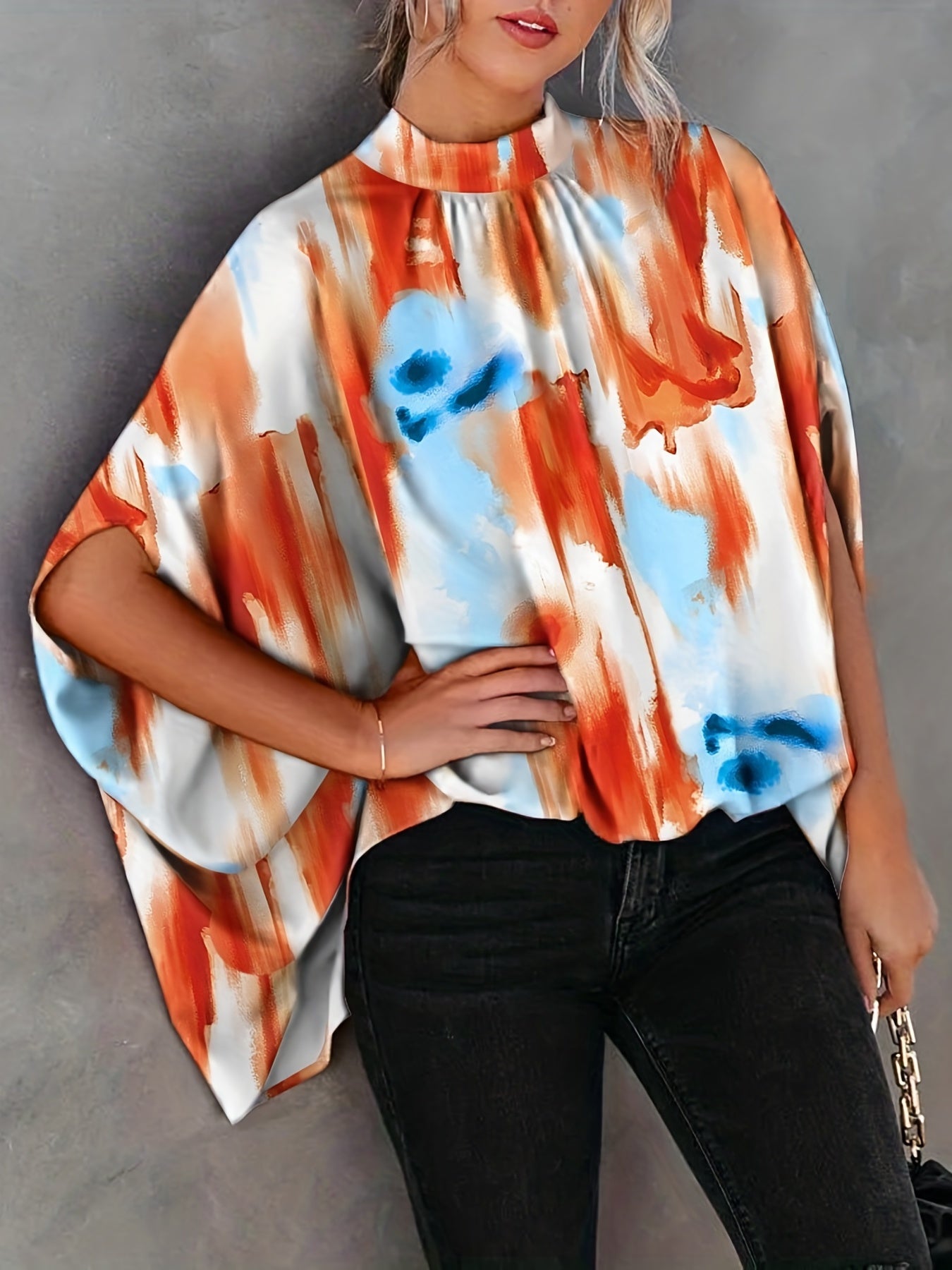 Asymmetrical High Neck Batwing Sleeve Shirt, Letter Print Elegant Summer Stretchy Shirt