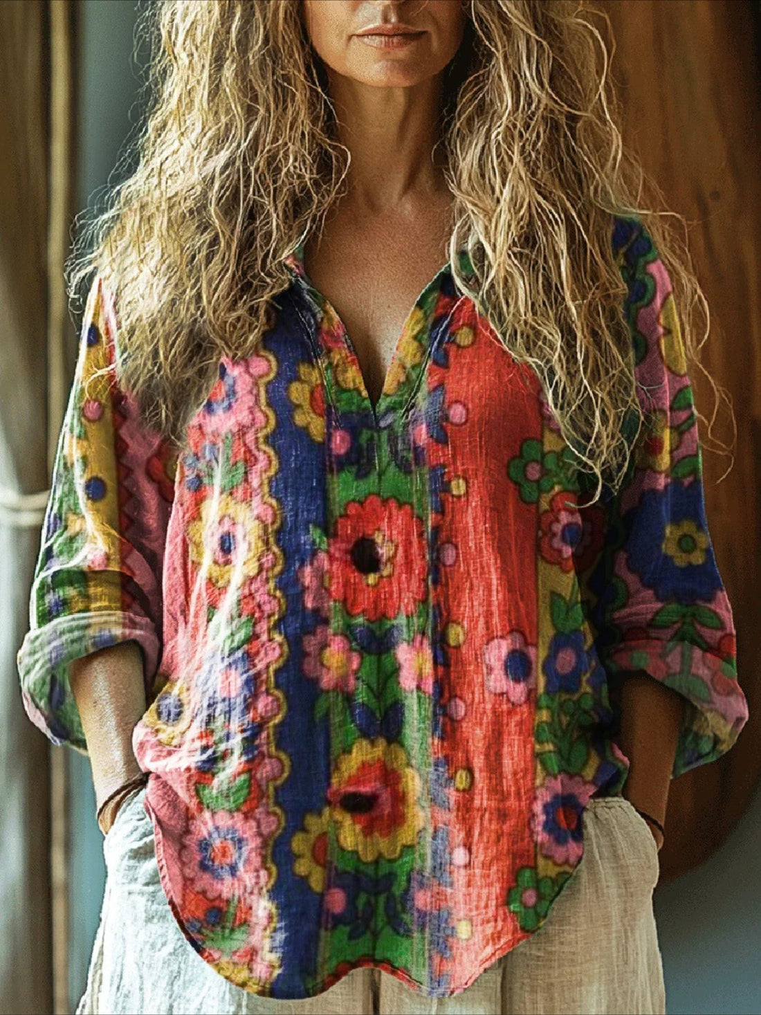 V Neck Long Sleeve Ombre Regular Loose Shirt