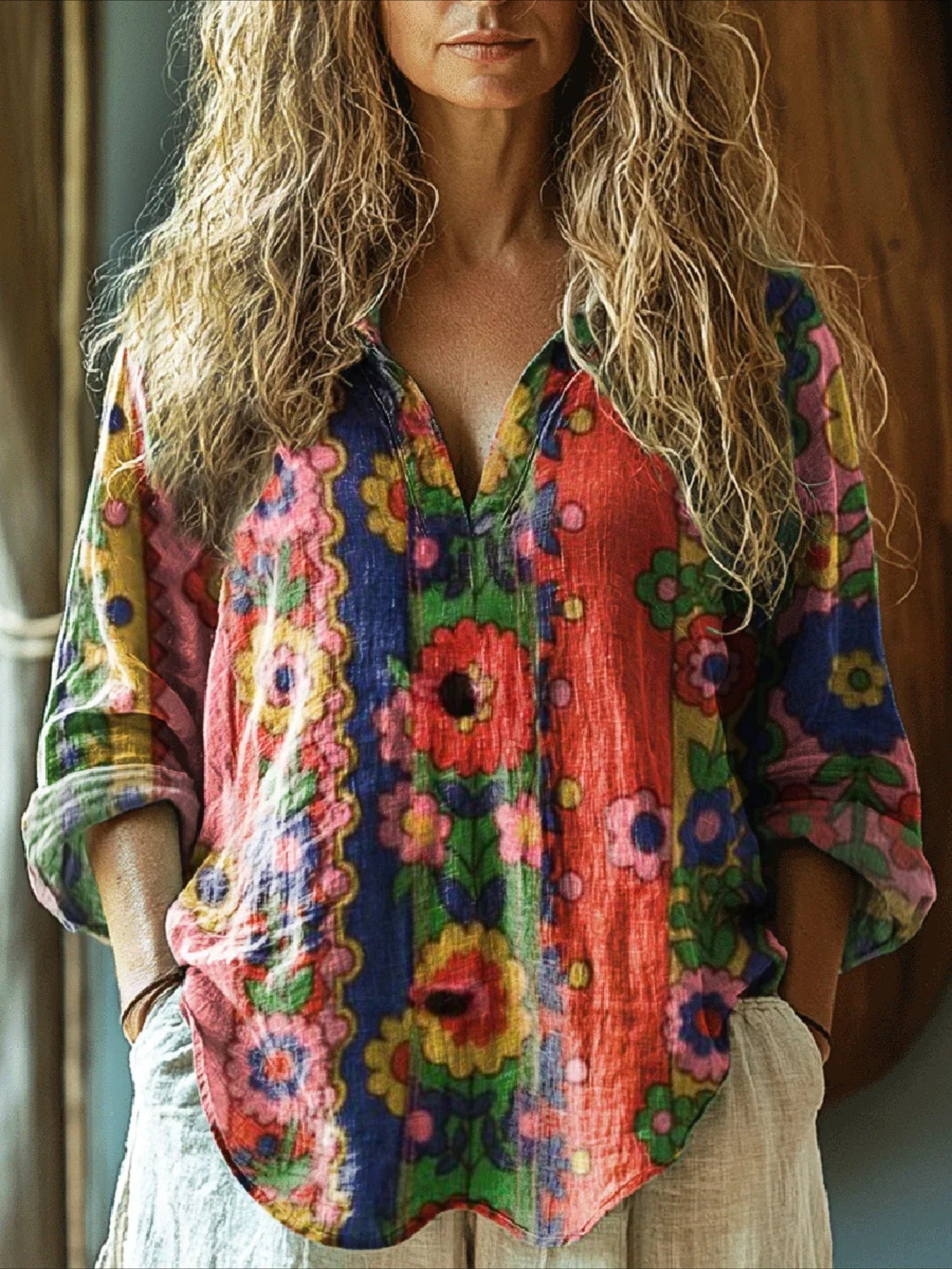 V Neck Long Sleeve Ombre Regular Loose Shirt