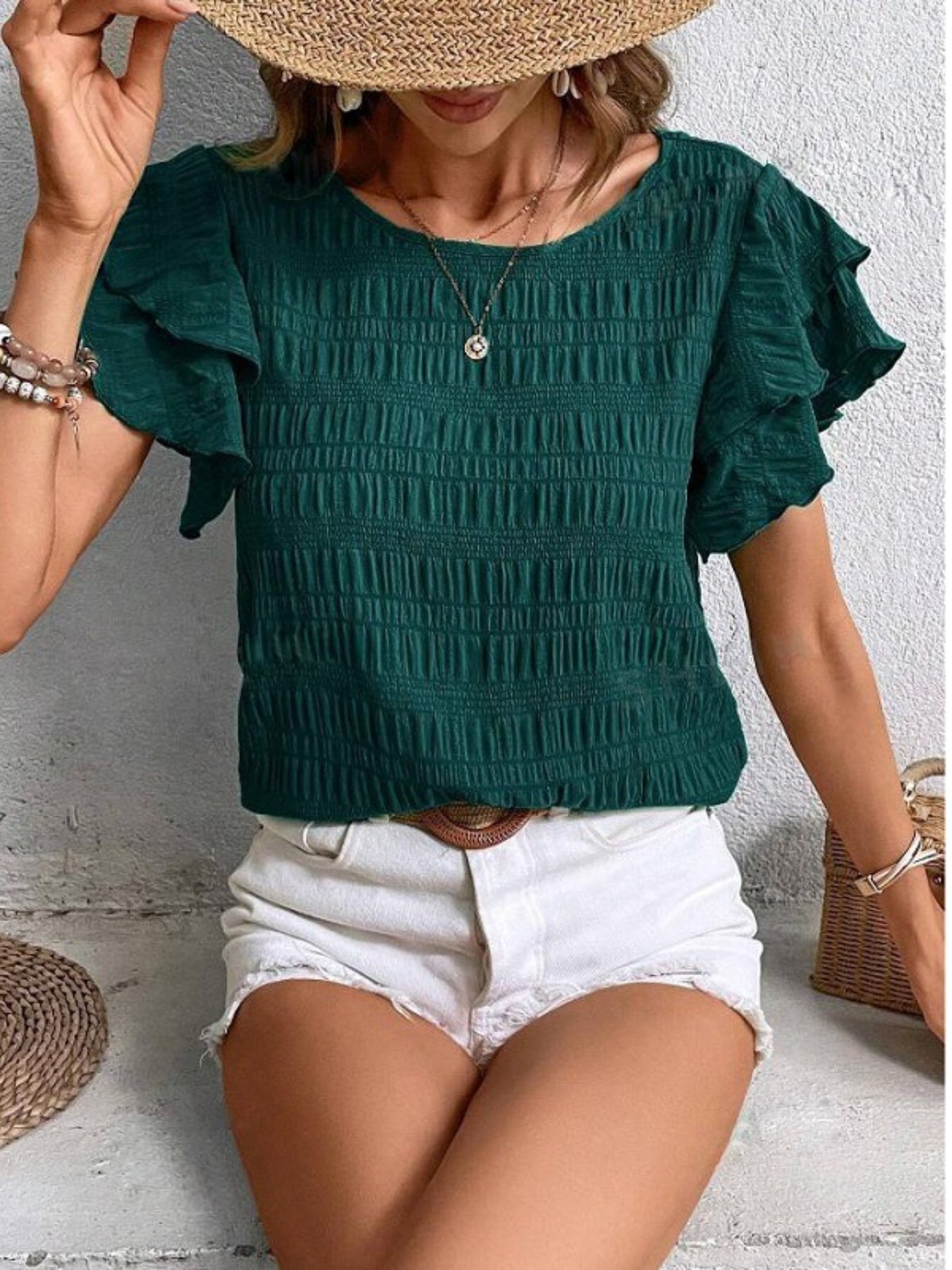 Textured Butterfly Sleeve Blouse, Elegant Solid Color Crew Neck Top