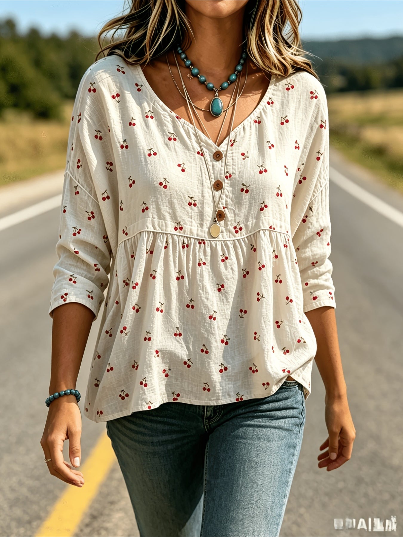 Floral Print 3/4 Sleeve V-Neck Three-Button Front Babydoll Blouse