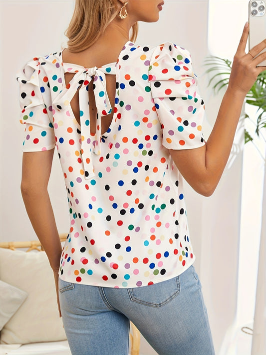 Women's Polka Dot Tie Back Blouse - Vacation Puff Sleeve Crew Neck Top