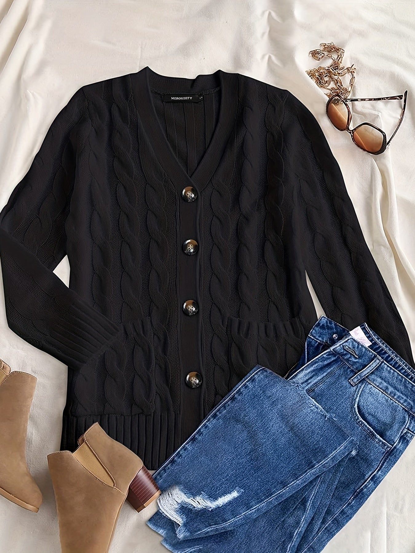 Cable Knit Button Front Cardigan, Casual Solid Long Sleeve Cardigan