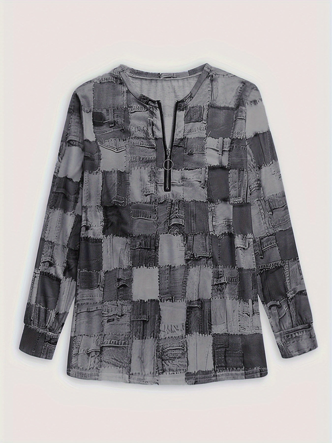 Patchwork Zipper T-shirt, Casual Crew Neck Long Sleeve Summer T-shirt