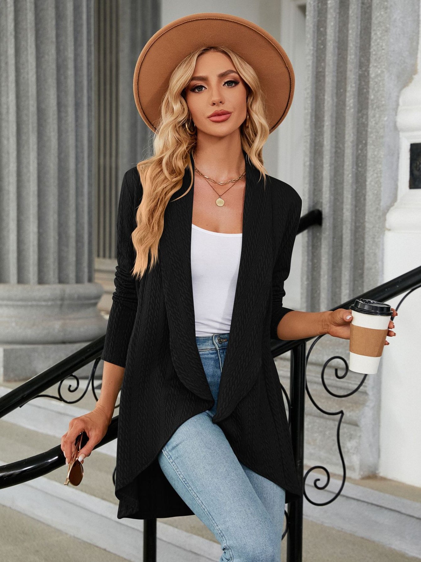 Cable Knit Shawl Collar Cardigan, Open Front Long Sleeve Cardigan