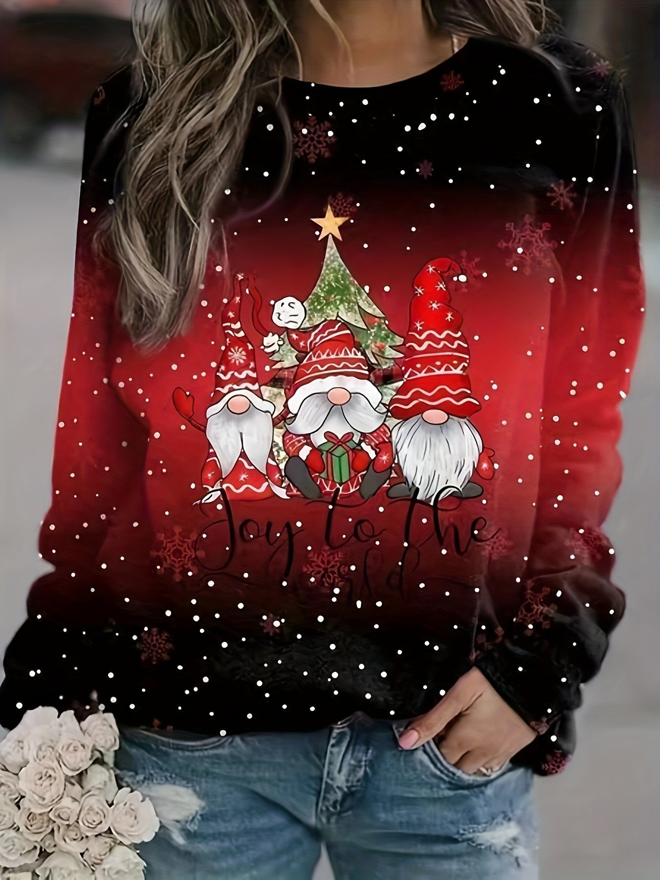 Christmas Top, Women's Christmas Dwarf & Slogan Print Ombre Long Sleeve Round Neck Slight Stretch Top