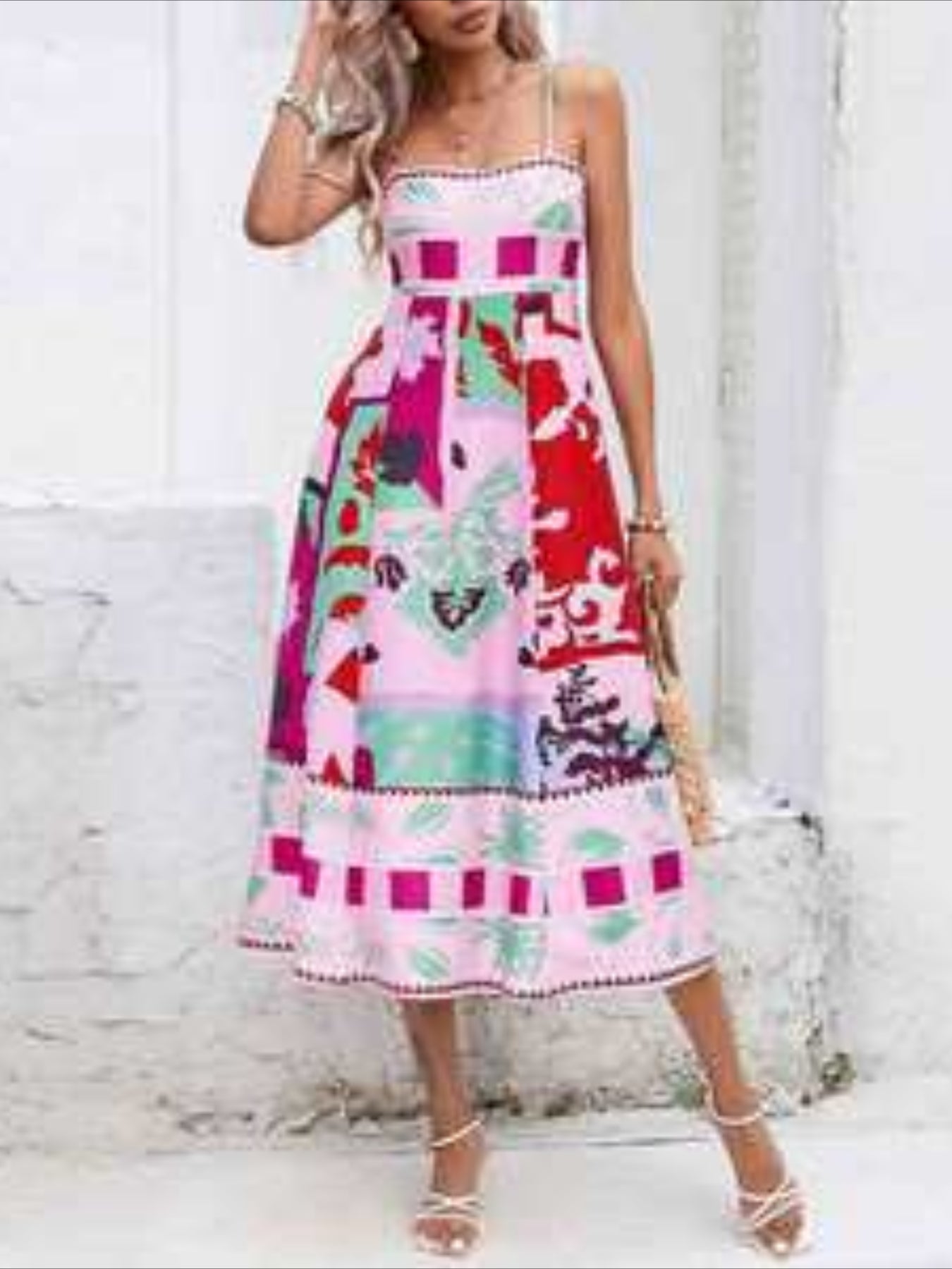Cartoon Drawstring Print Shirred Cami Dress, Elegant Sleeveless Spaghetti Strap Dress