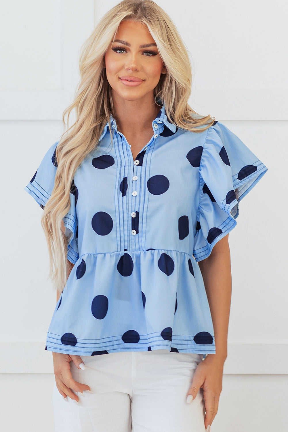 Sky Blue Polka Dot Print Ruffled Short Sleeve Buttoned Collared Blouse