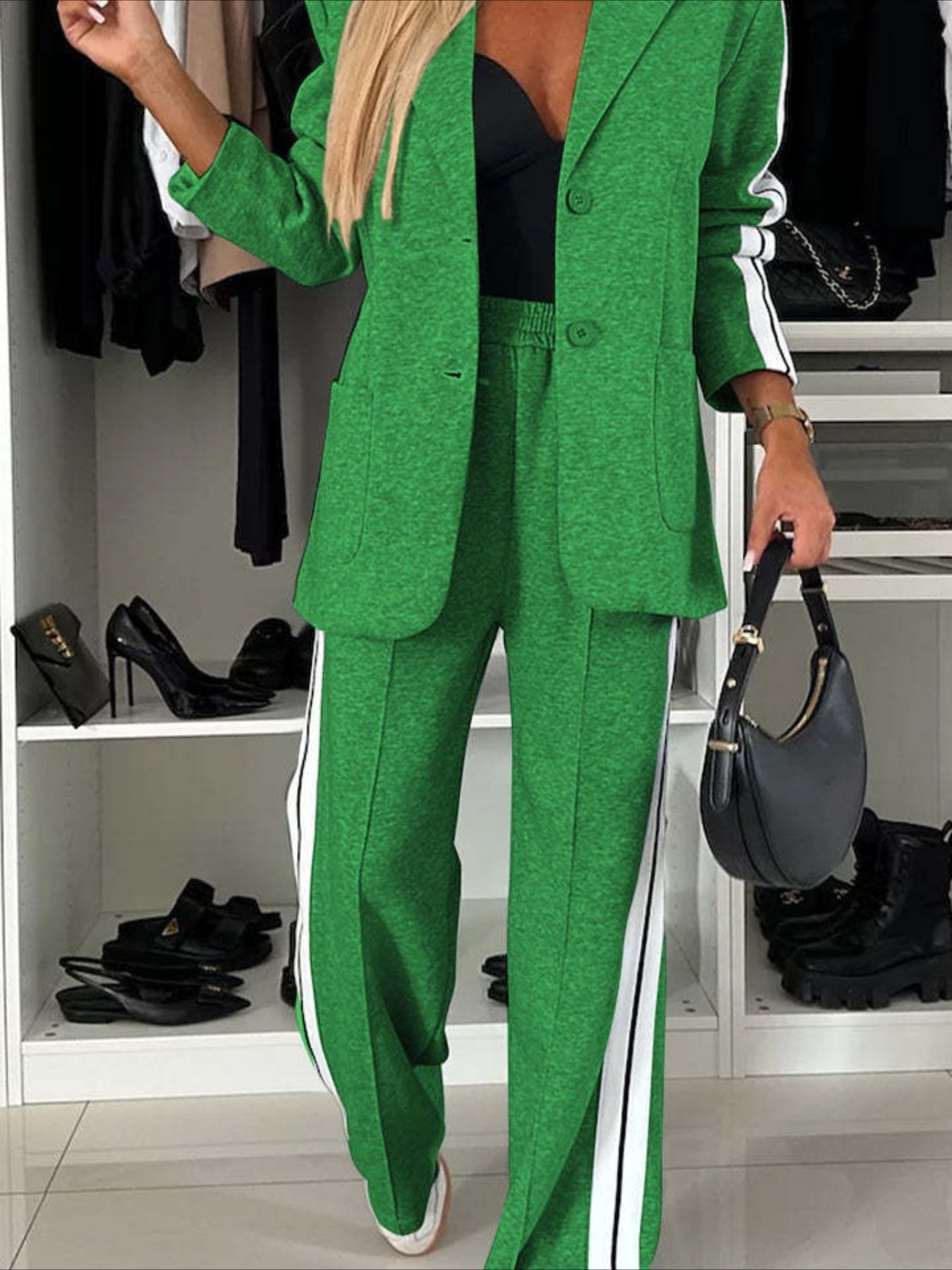 Contrast Lapel Collar Top and Pants Set