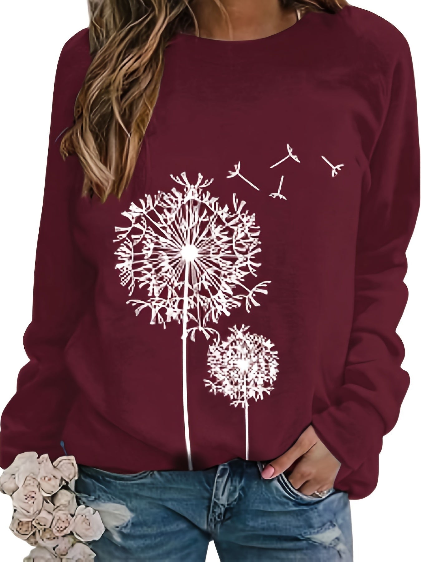 Dandelion Print Crew Neck T-shirt, Casual Loose Long Sleeve T-Shirts Tops