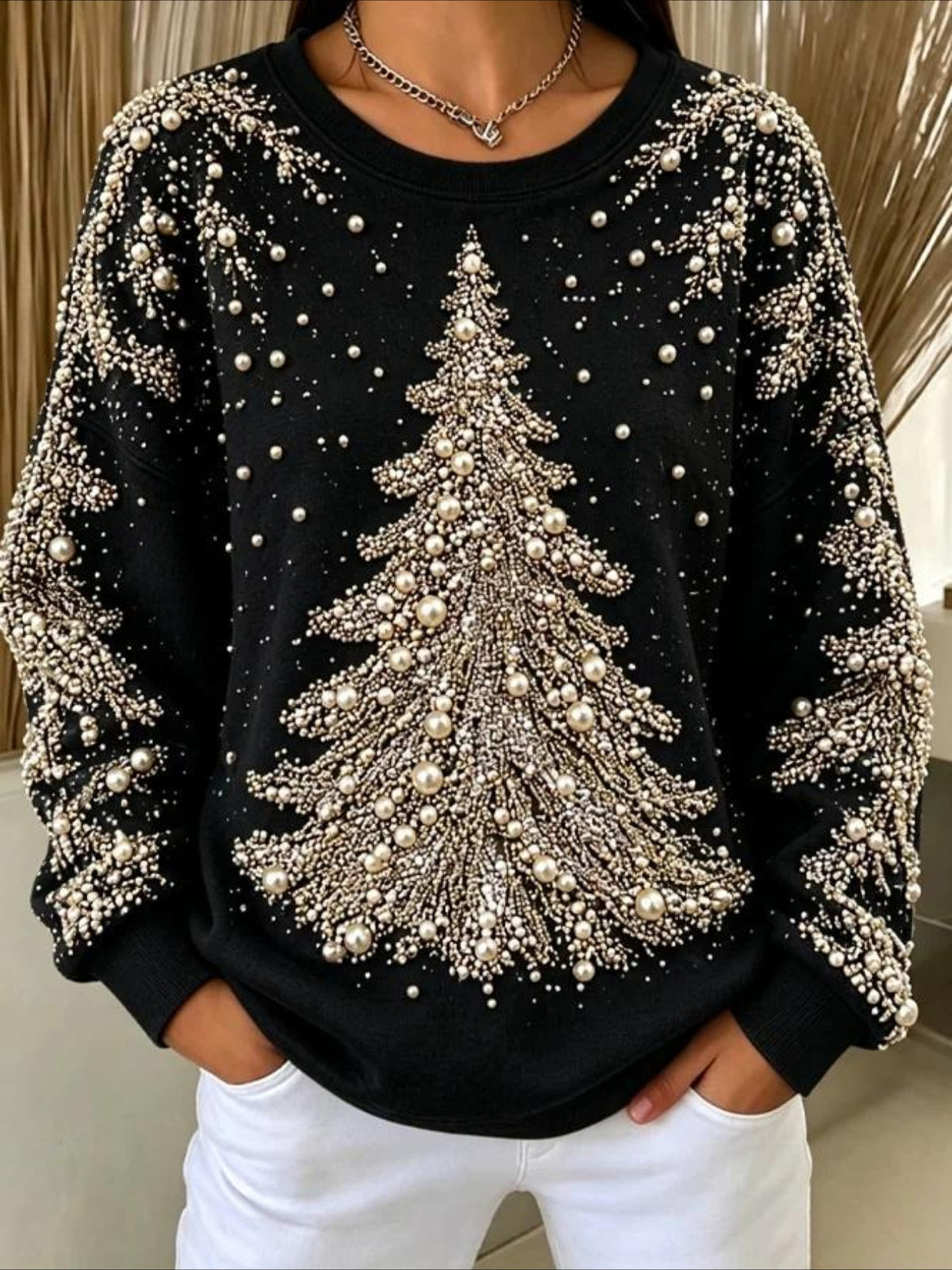 Christmas Tree Printed Crew Neck Long Sleeve Sweater Hoodie