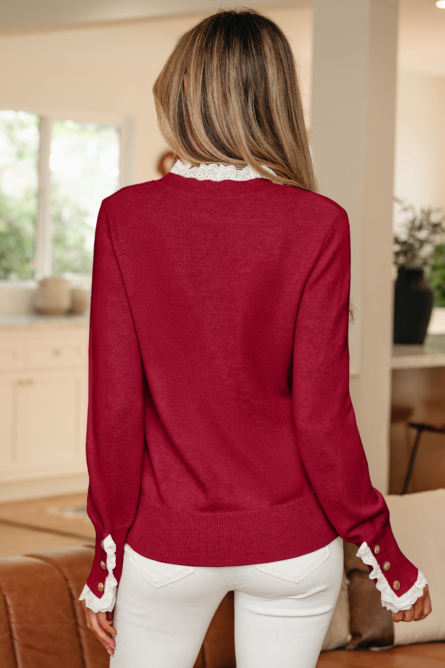 Racing Red Lace Trim Patchwork Buttoned Cuffs Loose Sweater