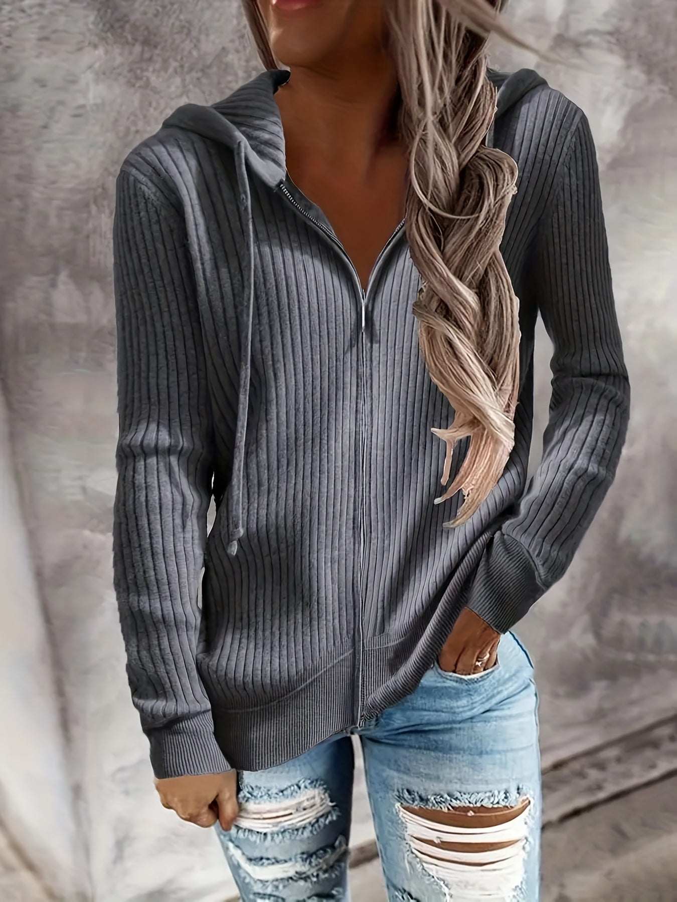 Women's Casual Zip Up Hoodie with Drawstring and Long Sleeves - Stay Warm and Stylish