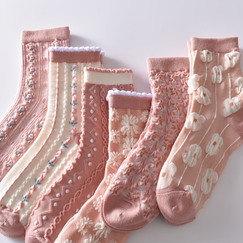 6 Pairs Flower Bubble Cable Crew Socks, Lightweight & Comfy Mid-tube Socks