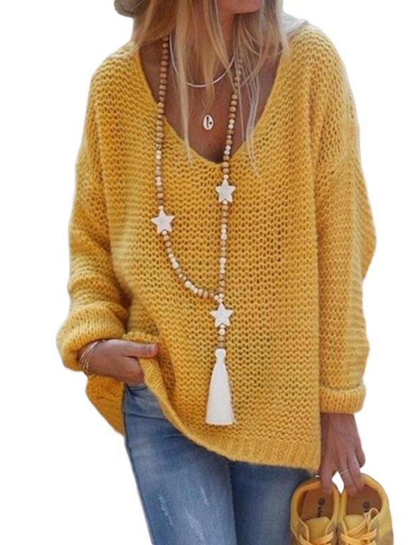 Solid V Neck Knitted Pullover Sweater, Casual Long Sleeve Sweater