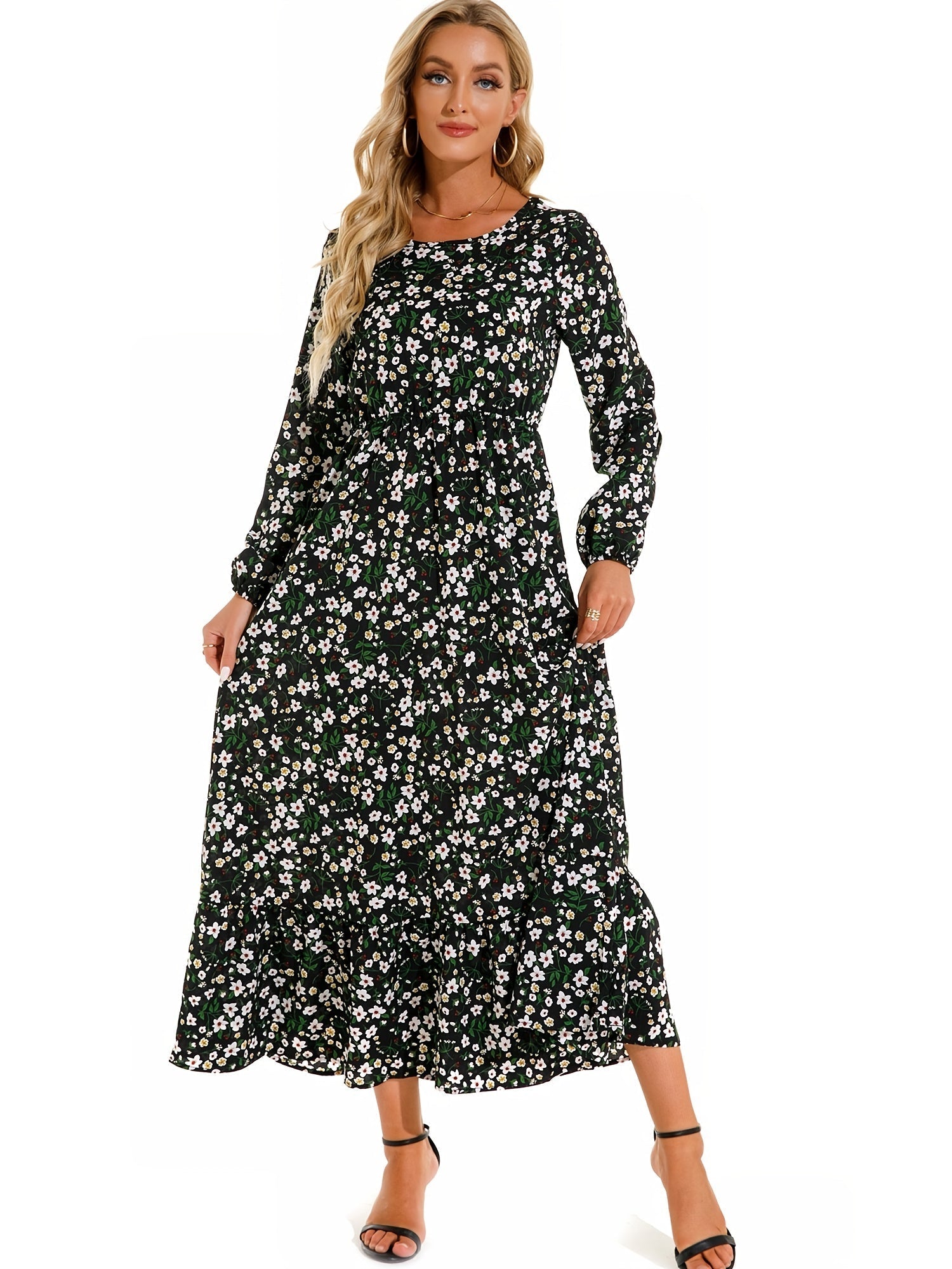 Bohemian Flowy Ruffle Long Dress, Casual Floral Print Long Sleeve Crew Neck Waist Long Dresses