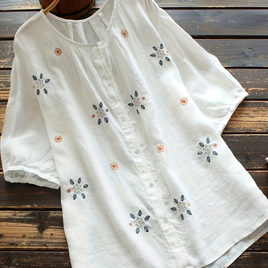 Floral Embroidered Button Front Blouse, Casual Short Sleeve Blouse