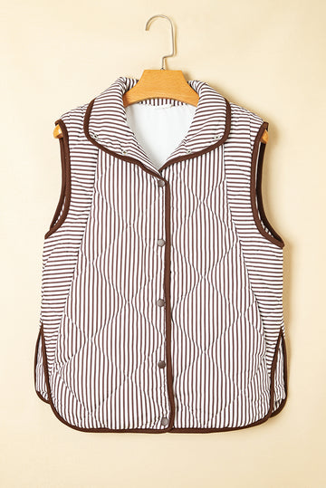Brown Stripe Snap Button Scalloped Hem Collared Winter Vest