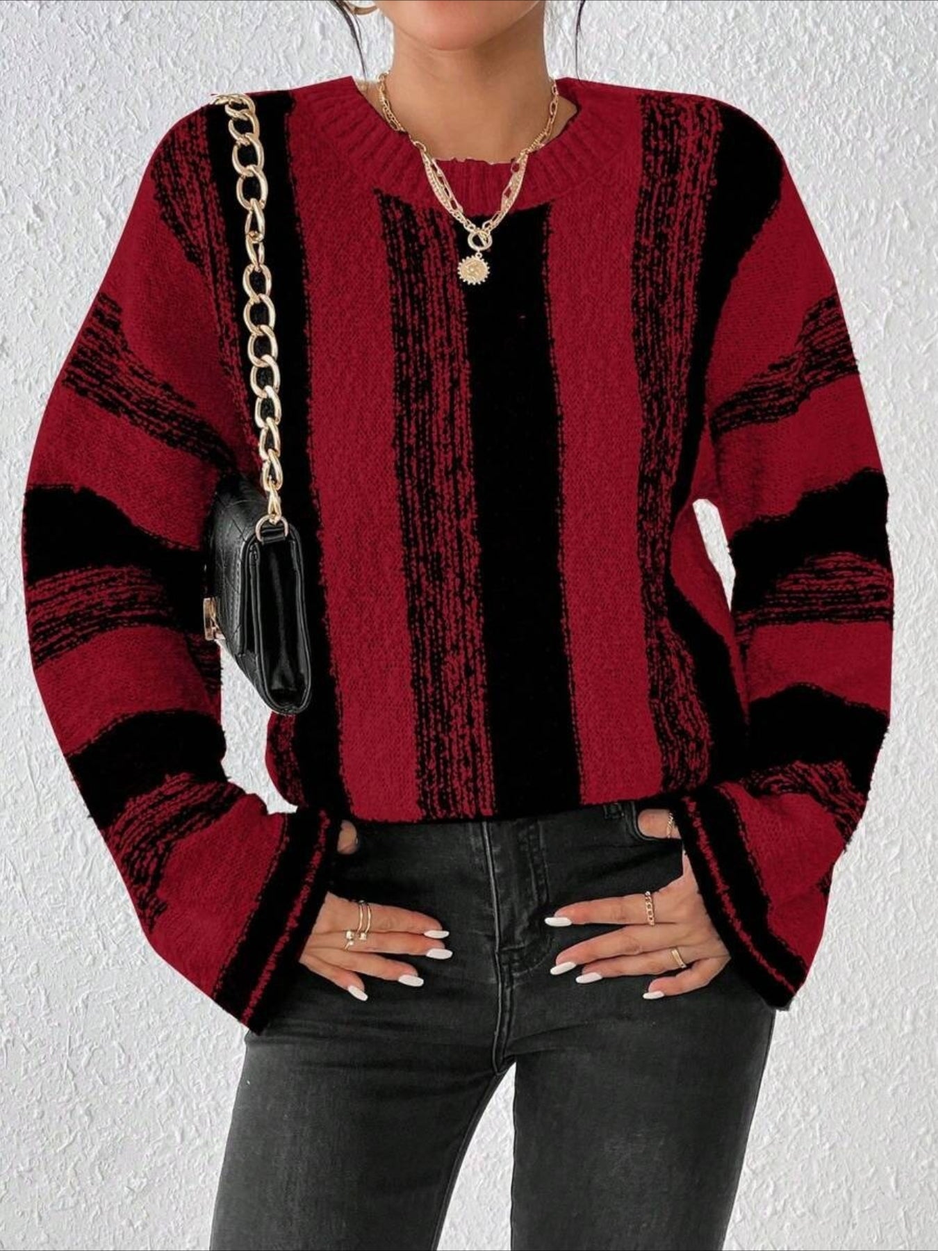 Striped Split Joint Winter Casual Long Sleeve Crew Neck Sweater