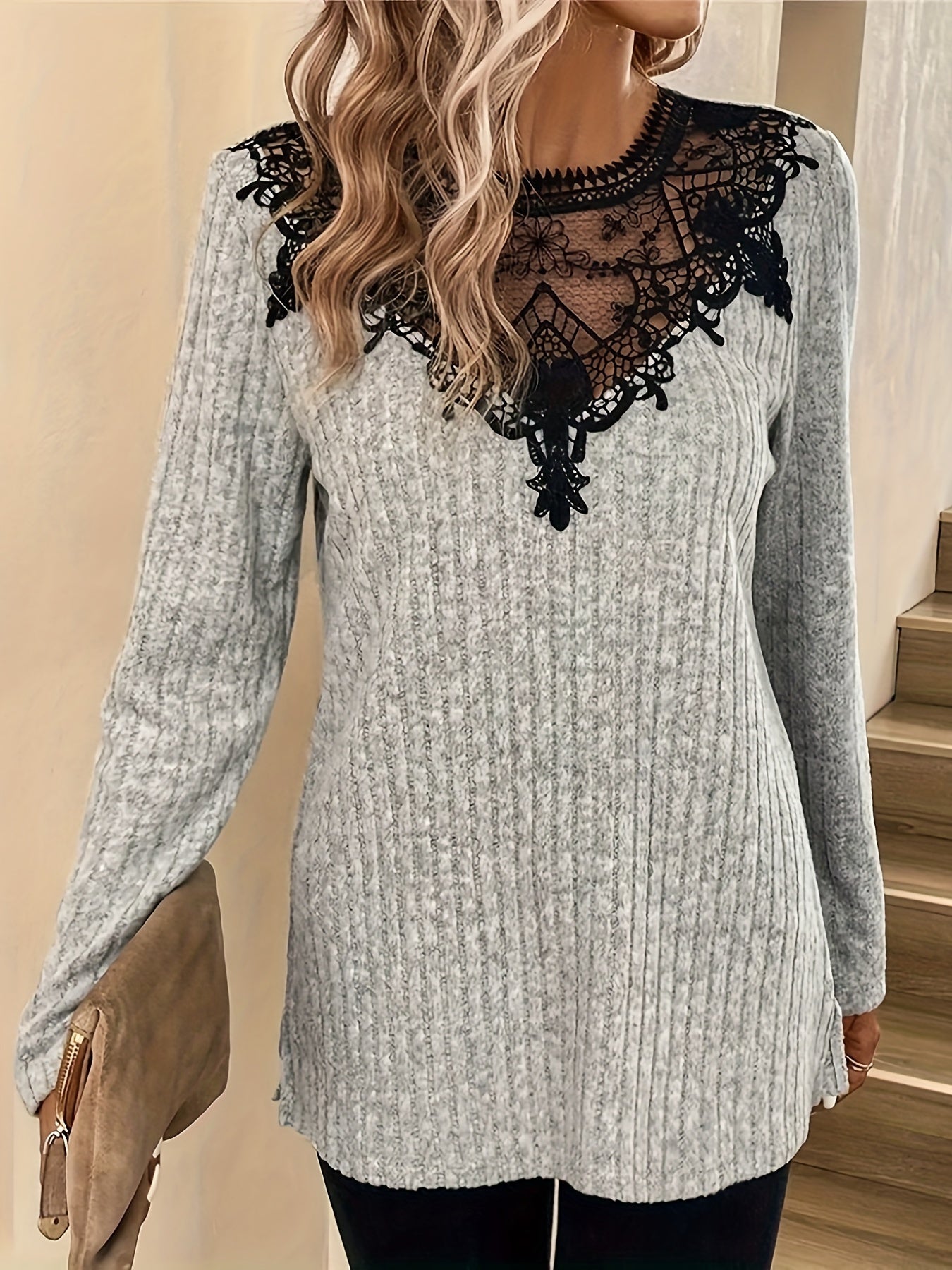 Contrast Lace Ribbed T-shirt, Casual Crew Neck Long Sleeve T-shirt