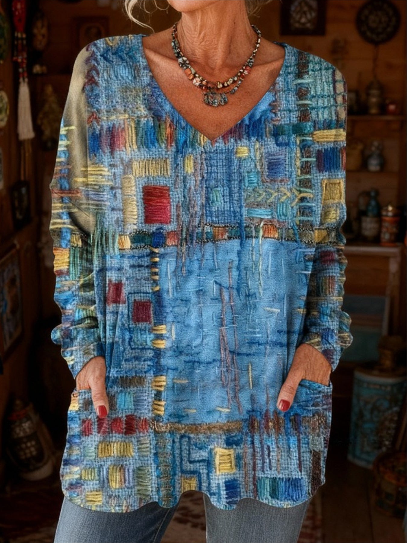 Long Sleeve Spring/Fall Floral Printing V Neck Daily Going Out Vintage Top