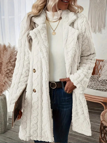 Double Breasted Lapel Teddy Coat, Versatile Long Sleeve Textured Thermal Winter Outerwear