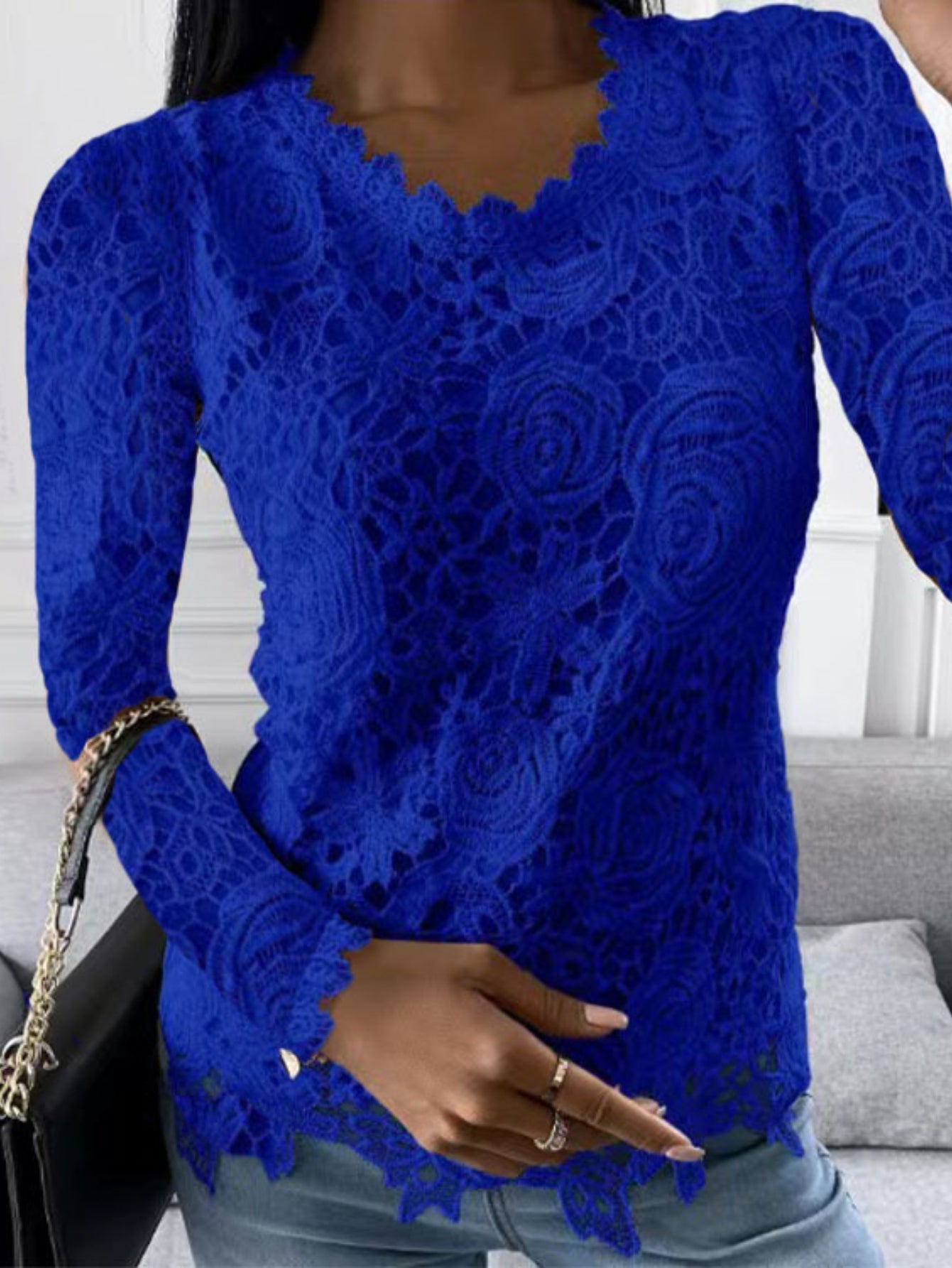 Floral Lace Stitching Crew Neck T-Shirt, Casual Long Sleeve