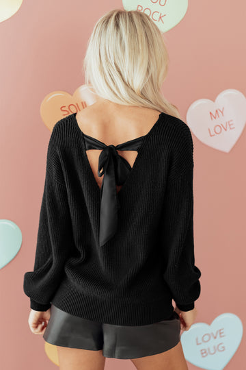 Black Ribbed Knit Ribbon Knot Backless Drop Shoulder Sweater