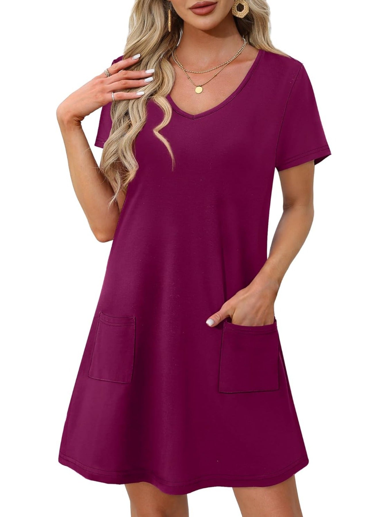Loose V Neck Short Sleeve Casual T Shirt Dress