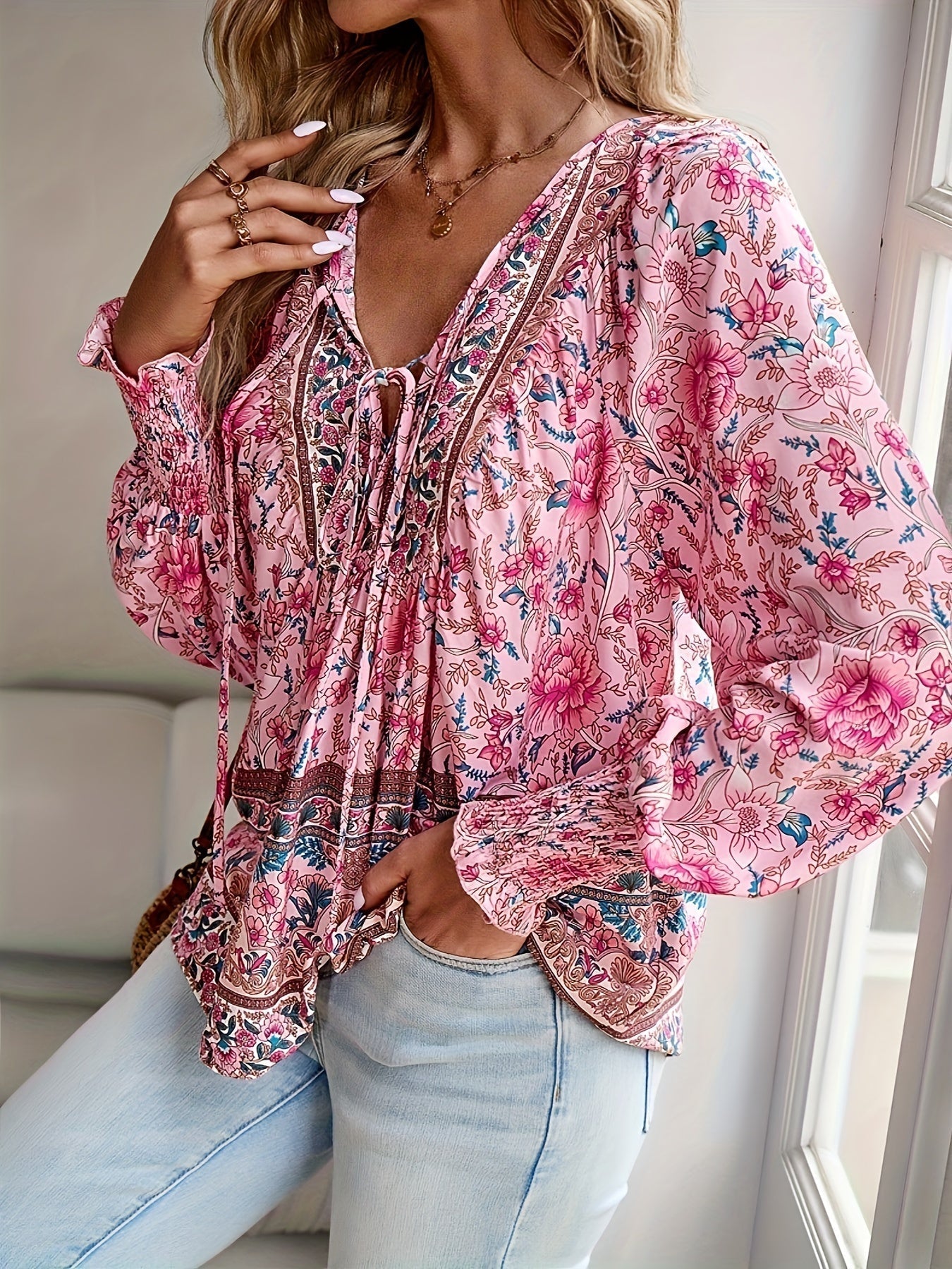 Floral Print Tie Neck Blouse, Casual Long Sleeve Blouse