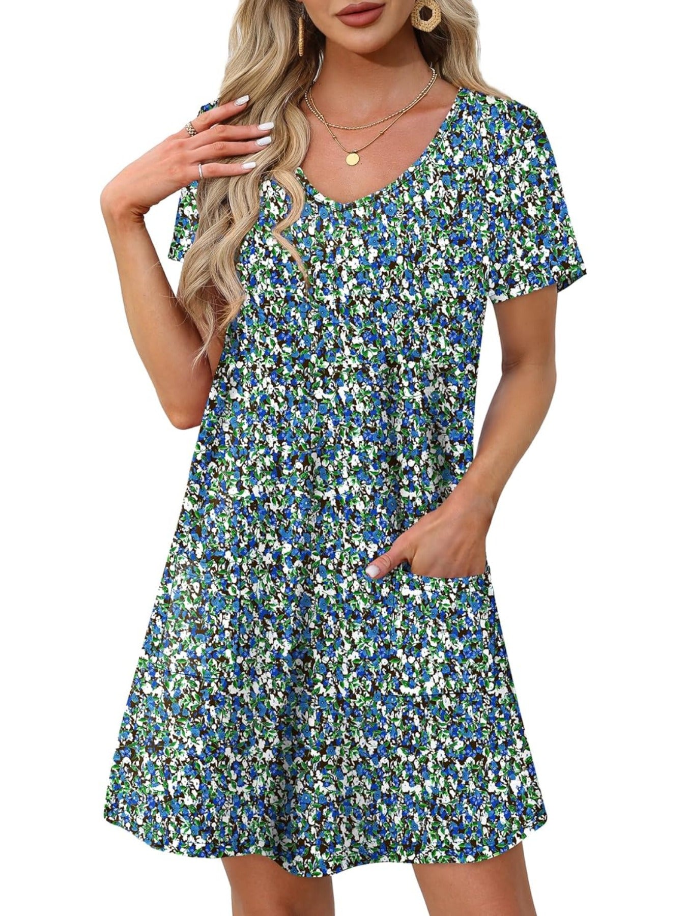 Loose V Neck Short Sleeve Casual T Shirt Dress