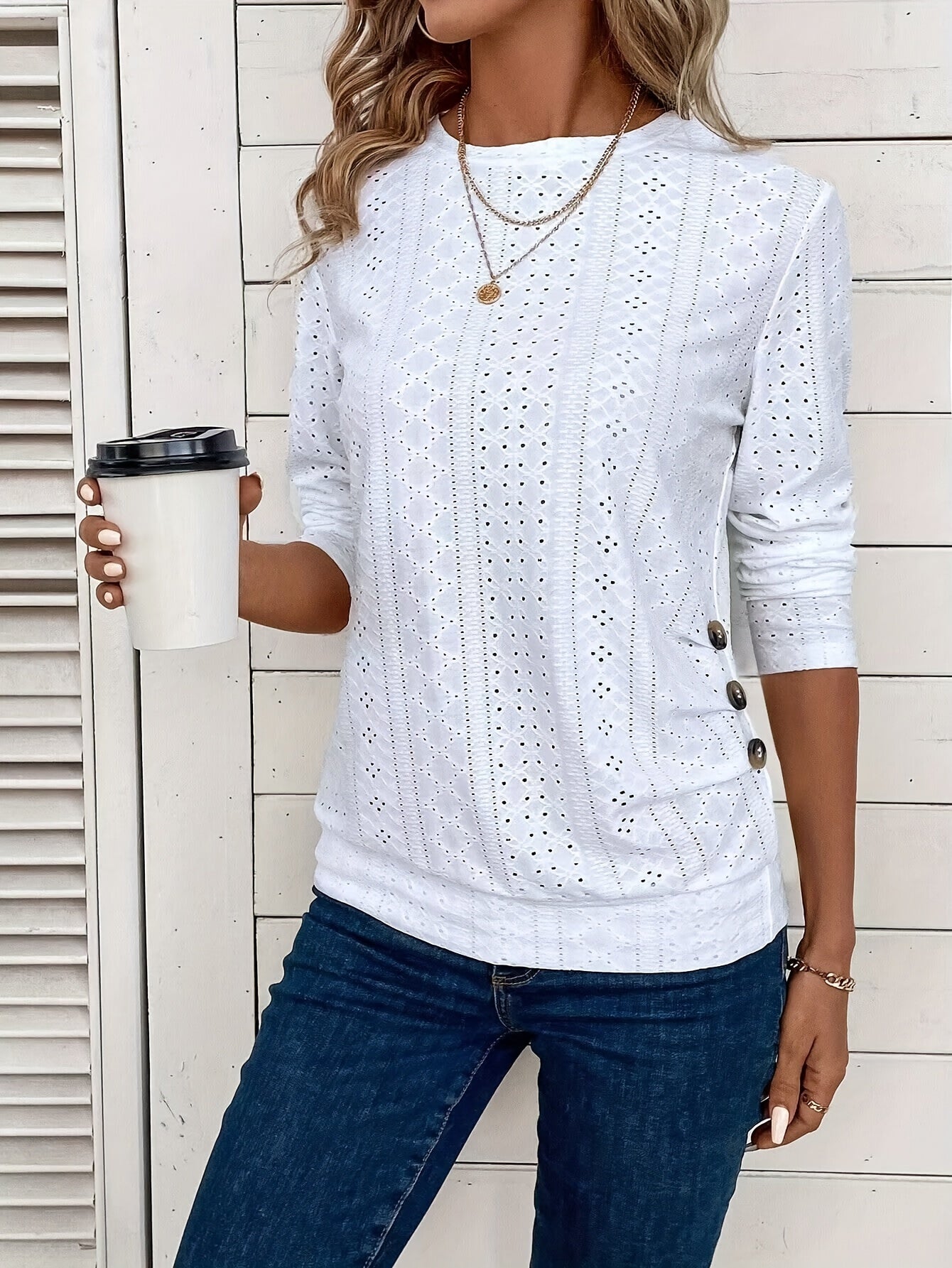 Hollow Button Decor Crew Neck T-Shirt, Elegant Long Sleeve T-Shirt