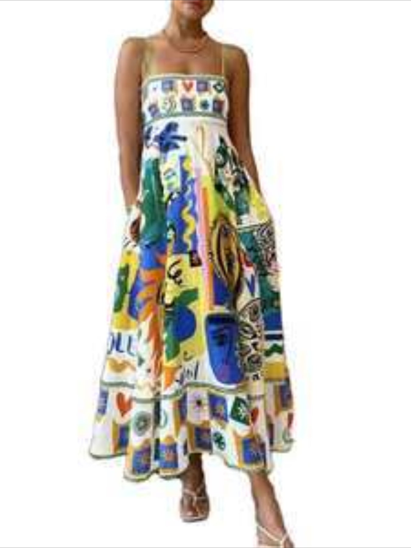 Cartoon Drawstring Print Shirred Cami Dress, Elegant Sleeveless Spaghetti Strap Dress