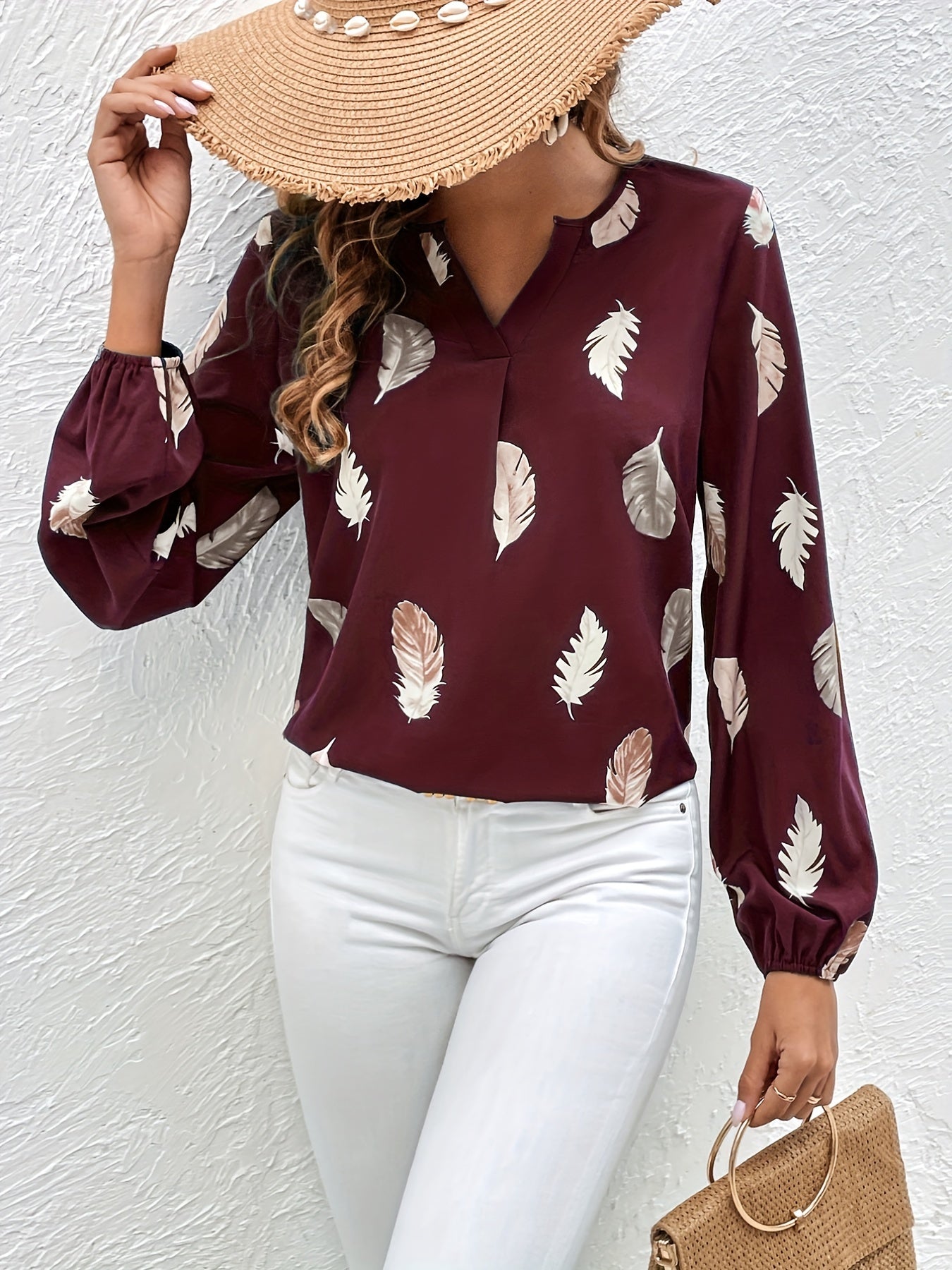 Feather Printed V-neck Loose Shirts, Casual Long Sleeve Fashion Shirts