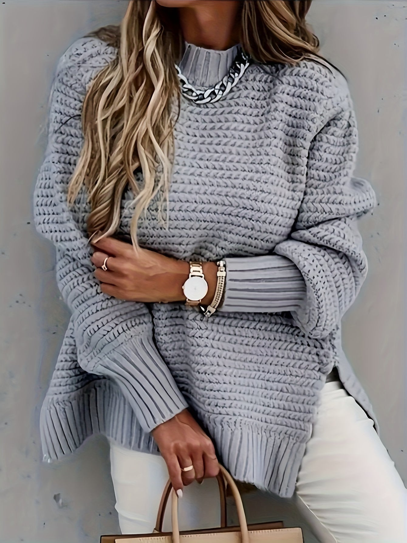 Low High Hem Mock Neck Sweater, Elegant Long Sleeve Sweater