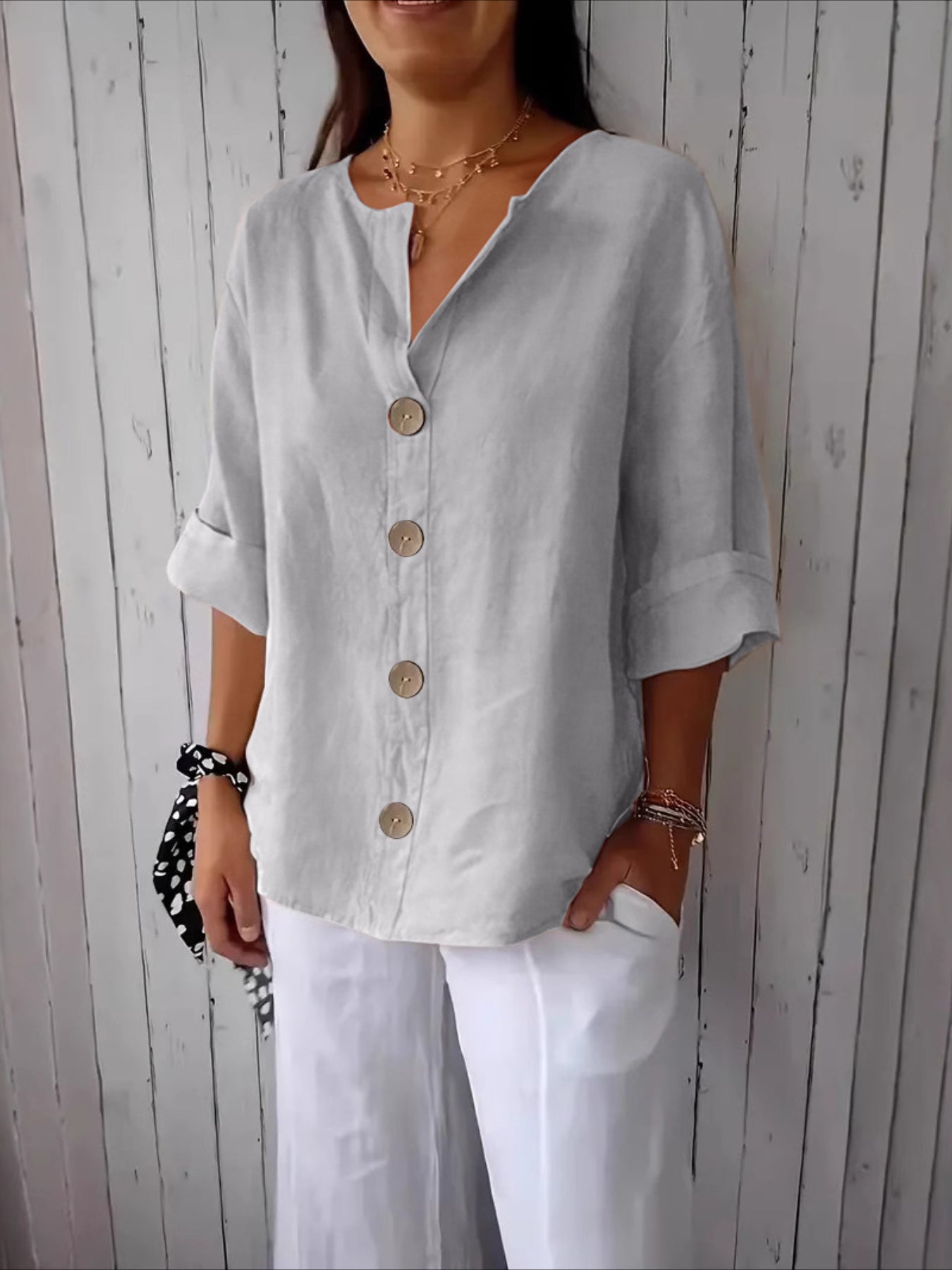 V-Neck Button-Up Solid Color Short Sleeve Loose Fit Short Sleeve Shirt