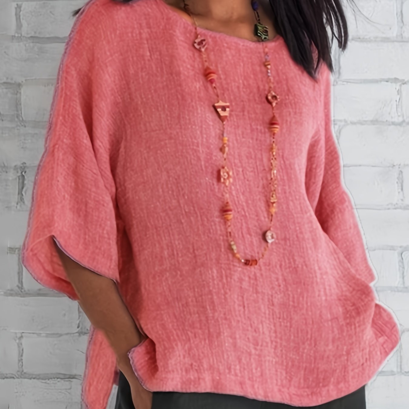 Crew Neck Loose Blouses, Casual Solid Color 3/4 Sleeve Summer Shirts Tops