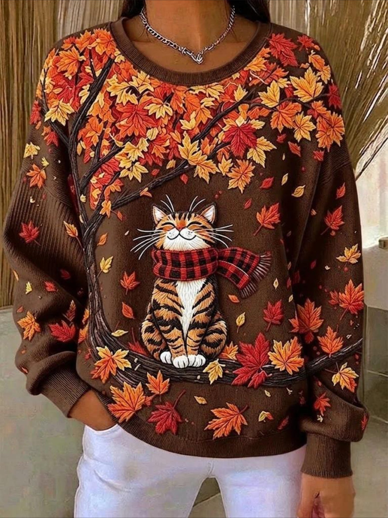 Maple Leaf Printing Crew Neck Floral Long Sleeve Comfy Casual Sweater Tee