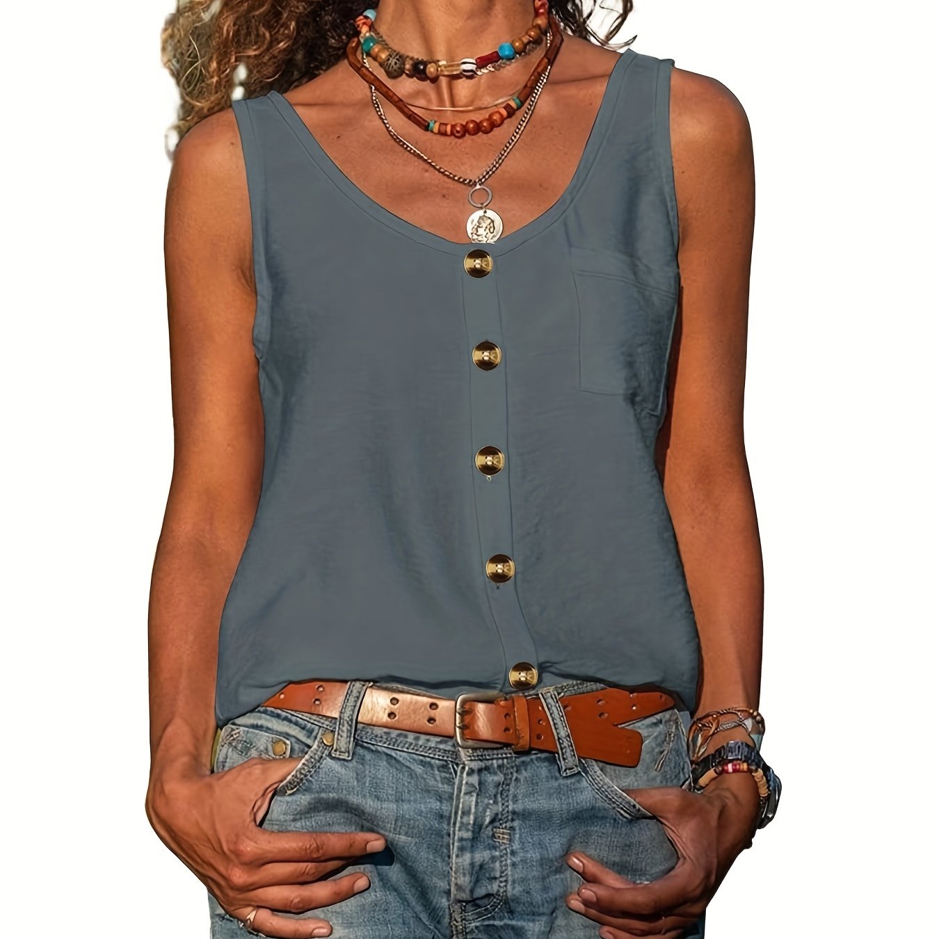 Button Front Scoop Neck Tank Top, Casual Summer Sleeveless Solid Tank Top