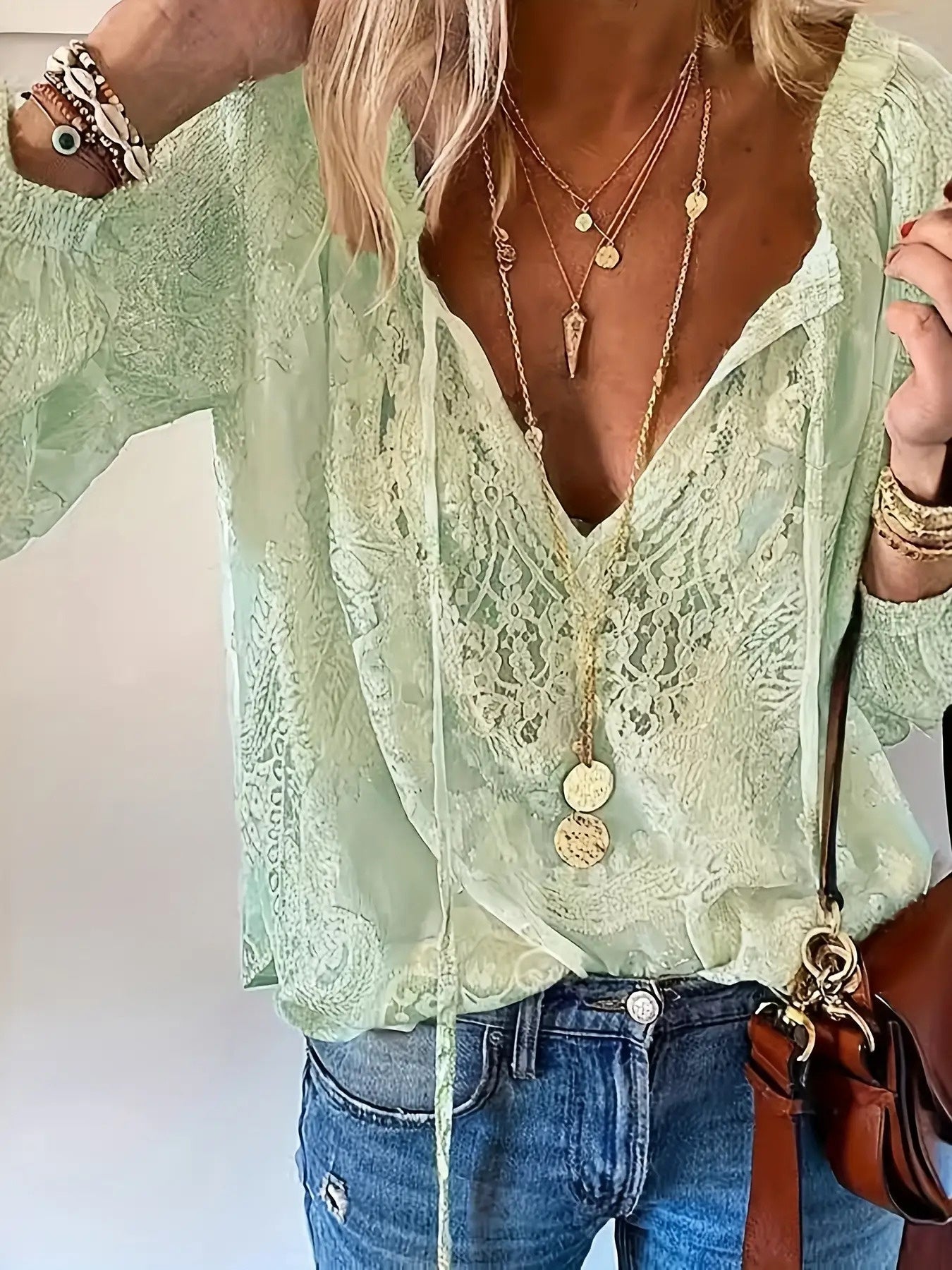 Elegant Lace Long Sleeve Bell Shirt with Contrast Lace Trim